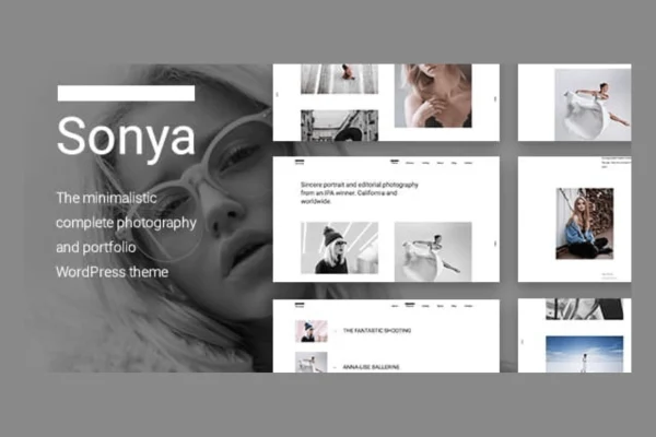 Sonya photography WordPress theme preview with a minimal portfolio layout