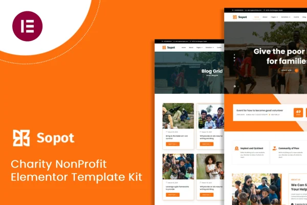 Sopot charity Elementor Pro template kit cover showing page layouts