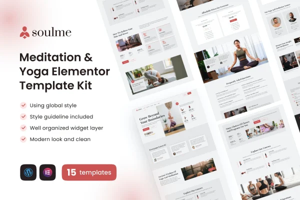 Soulme yoga and meditation Elementor template kit page previews