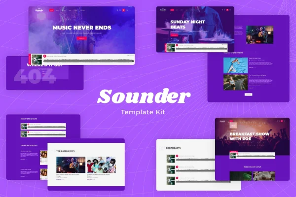 Sounder internet radio and streaming Elementor template kit preview