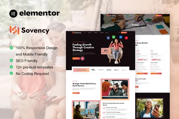 Sovency social media marketing agency Elementor template kit preview