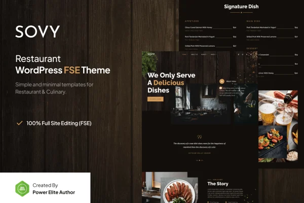 Sovy restaurant WordPress theme preview with menu and homepage layouts