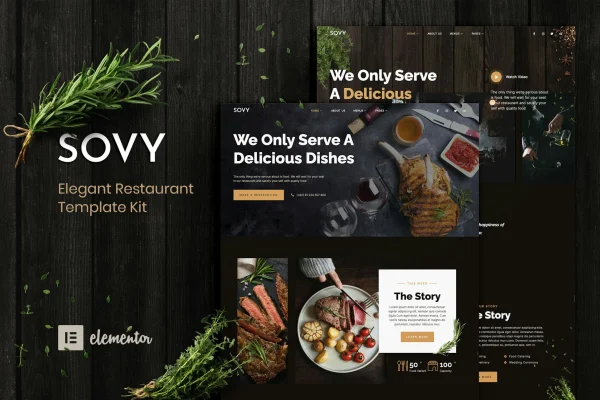 Sovy restaurant Elementor template kit cover showing page layouts