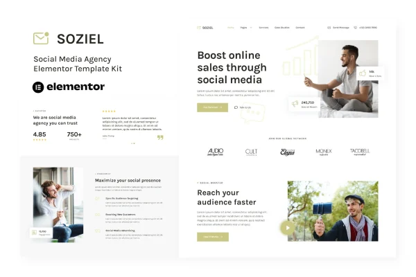 Soziel social media agency Elementor template kit page previews