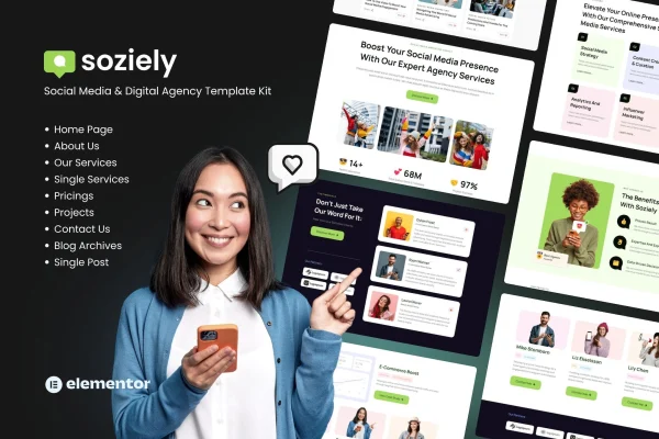 Soziely social media and digital marketing agency Elementor template kit preview