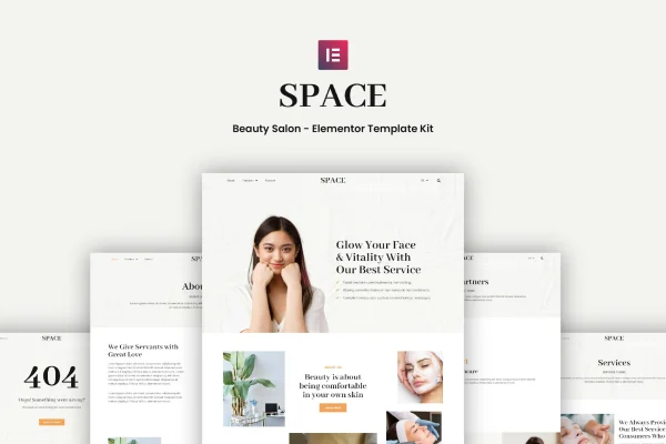 Space beauty salon Elementor template kit preview with soft beige page layouts