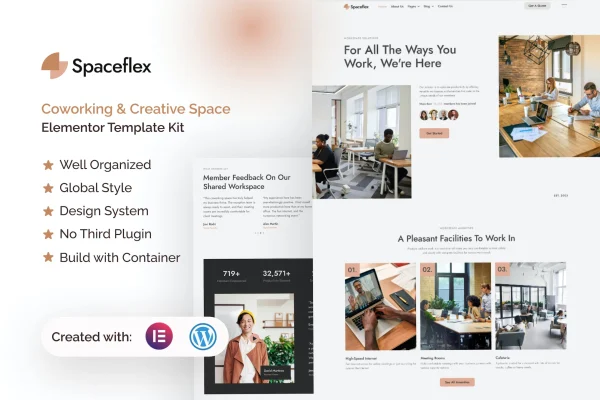 SpaceFlex coworking and creative space Elementor template kit page previews