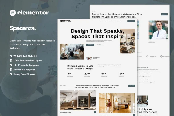 Spacenza interior design and architecture Elementor template kit preview