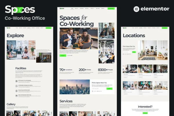Spaces co-working Elementor Pro template kit cover showing modern workspace page designs