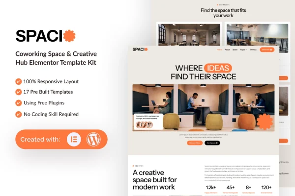 Spacio coworking space and creative hub Elementor template kit preview