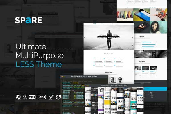 Spare multipurpose WordPress theme preview showing sample page layouts