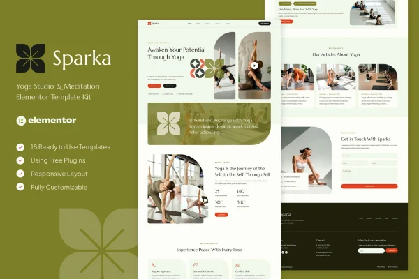 Sparka yoga studio and meditation Elementor template kit preview