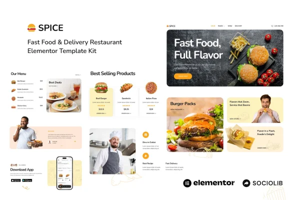 Spice fast food and delivery restaurant Elementor template kit preview