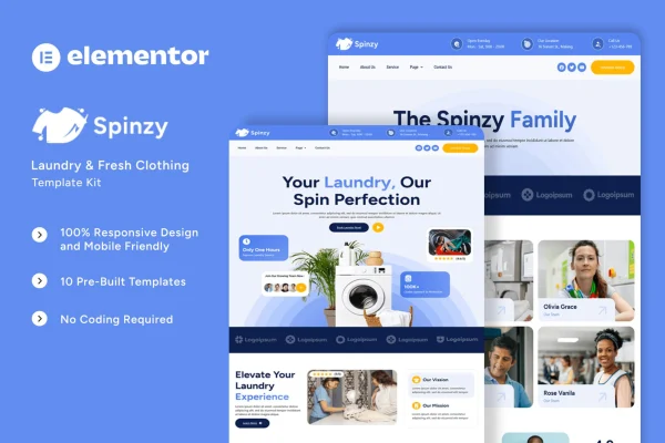 Spinzy laundry and fresh clothing Elementor template kit cover