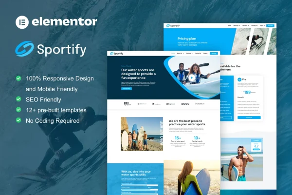 Sportify water sports and surfing Elementor Pro template kit preview