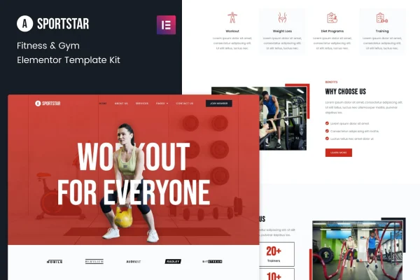 Sportstar fitness and gym Elementor template kit preview