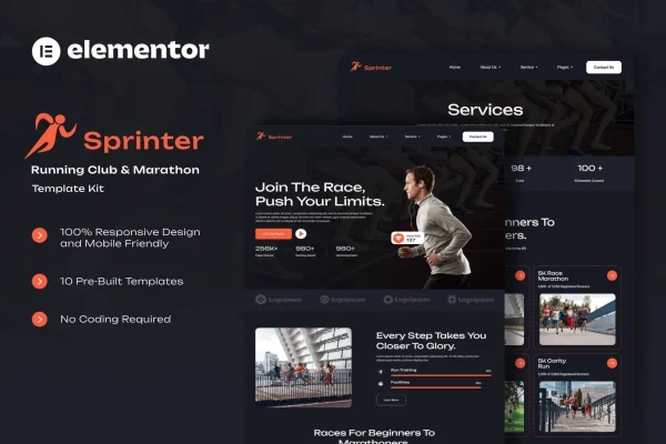 Sprinter running club and marathon Elementor template kit preview