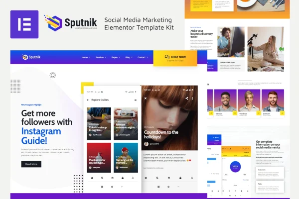 Sputnik social media marketing Elementor template kit preview