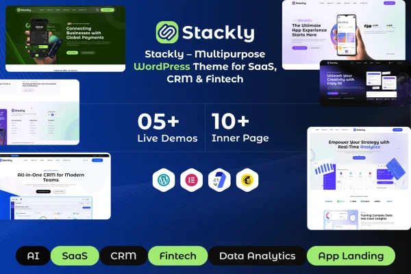 Stackly WordPress theme preview showing SaaS landing page layouts