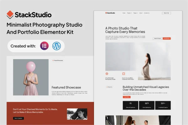 StackStudio minimalist photography studio and portfolio Elementor kit preview