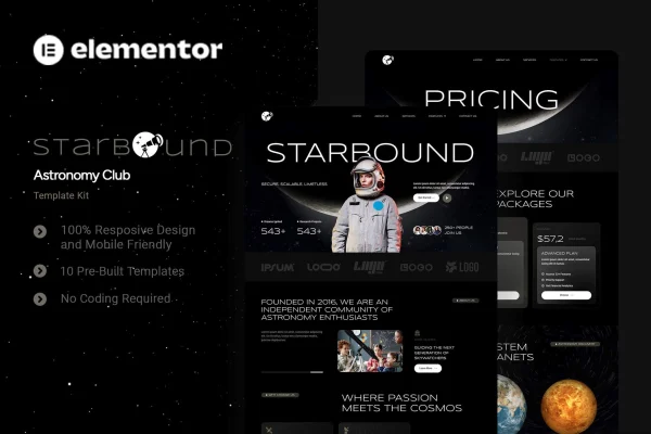 Starbound astronomy club Elementor template kit preview with starry space backgrounds