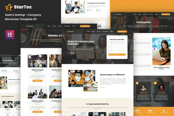 StarTec SaaS Elementor template kit cover showing page layouts