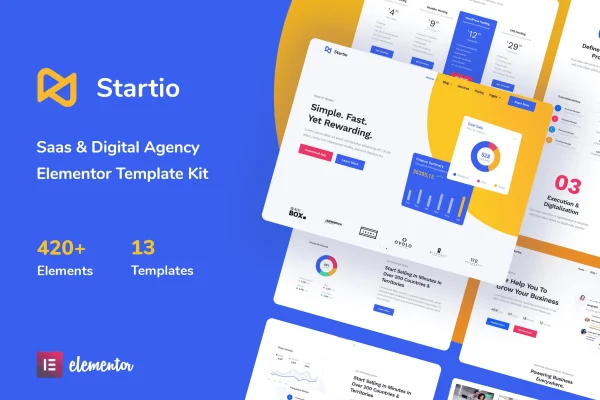 Startio SaaS and digital agency Elementor template kit preview