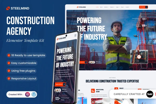 Steelmind construction agency Elementor template kit cover image