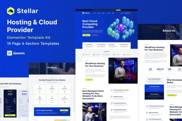 Stellar hosting and cloud provider Elementor template kit preview