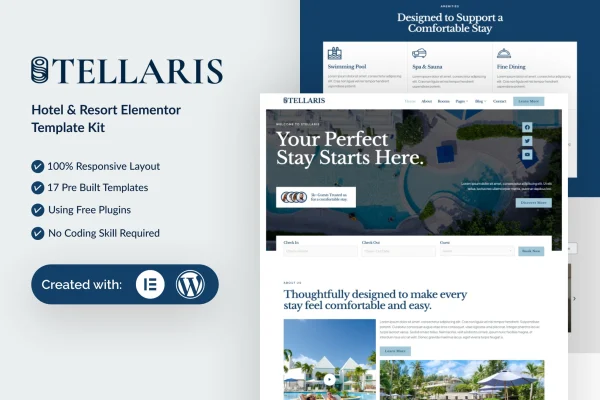 Stellaris hotel and resort Elementor template kit preview
