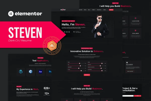 Steven dark CV portfolio resume Elementor template kit preview