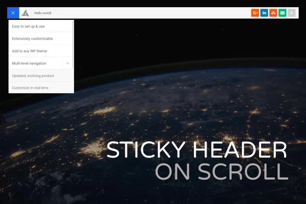 Sticky Header on Scroll plugin banner showing a fixed header with logo and menu