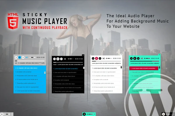 Sticky HTML5 Music Player plugin banner showing a fixed audio player bar
