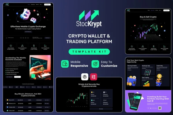 Stockrypt Elementor template kit preview for an online trading and investment website