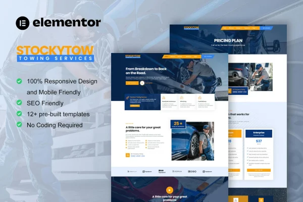 StockyTow towing services Elementor Pro template kit preview