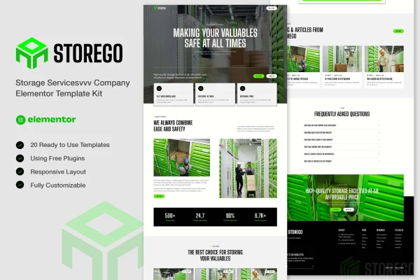 Storego storage services company Elementor template kit preview