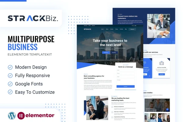 STRACK Biz Elementor template kit preview showing a consulting business website