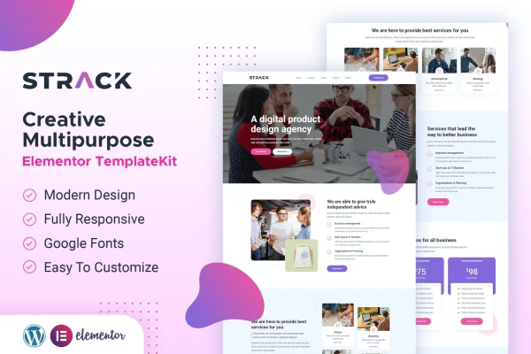 STRACK Multipurpose Business Elementor template kit preview showing business website page layouts