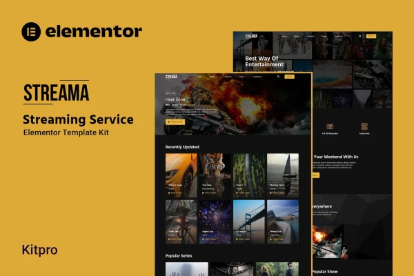 Streama streaming service Elementor template kit cover showing movie website page layouts