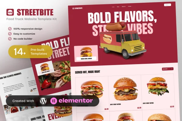 StreetBite food truck and street food Elementor template kit preview