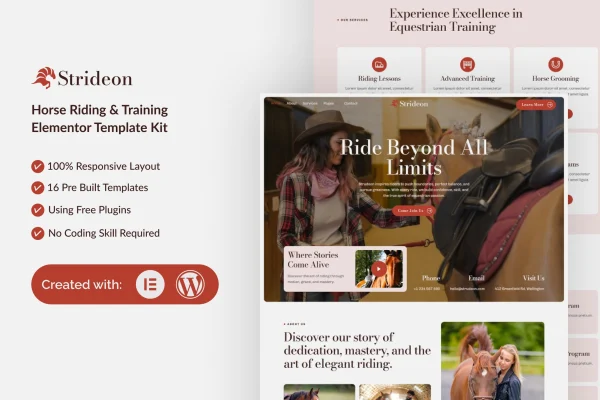 Strideon horse riding and training Elementor template kit preview