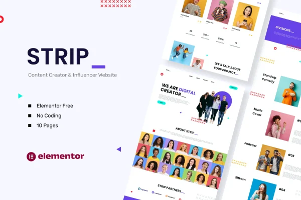 Strip content creator and influencer Elementor template kit cover