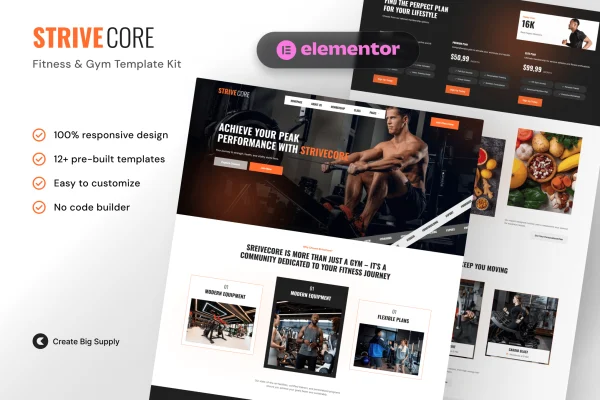 StriveCore fitness and gym Elementor template kit preview