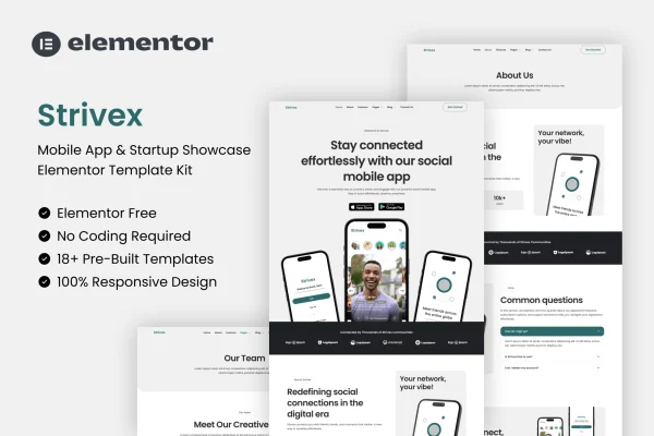Strivex Elementor template kit preview showing mobile app and startup website pages