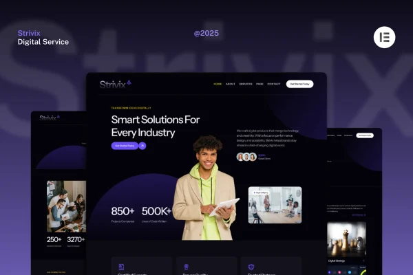 Strivix dark tech and digital service Elementor template kit preview