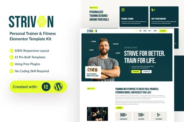 Strivon personal trainer and fitness Elementor template kit preview