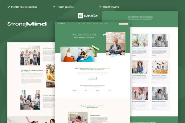 StrongMind mental health and psychologist Elementor template kit preview