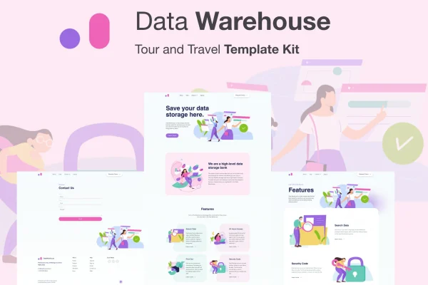 Stroranger data warehouse Elementor template kit cover showing tech website page layouts