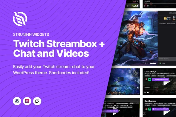 Struninn - Stream for Twitch plugin banner showing a Twitch streambox and chat