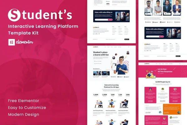 Student's Online e-Course Elementor Template Kit preview showing e-learning page designs